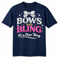 Navy blue t-shirt with 'Bows and Bling It's a Cheer Thing' text and graphics on a navy blue background