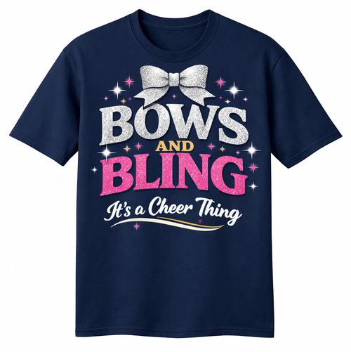 Navy blue t-shirt with 'Bows and Bling It's a Cheer Thing' text and graphics on a navy blue background