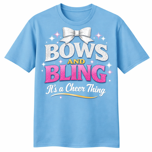 Light blue t-shirt with 'Bows and Bling It's a Cheer Thing' text and bow graphic on a ice blue background